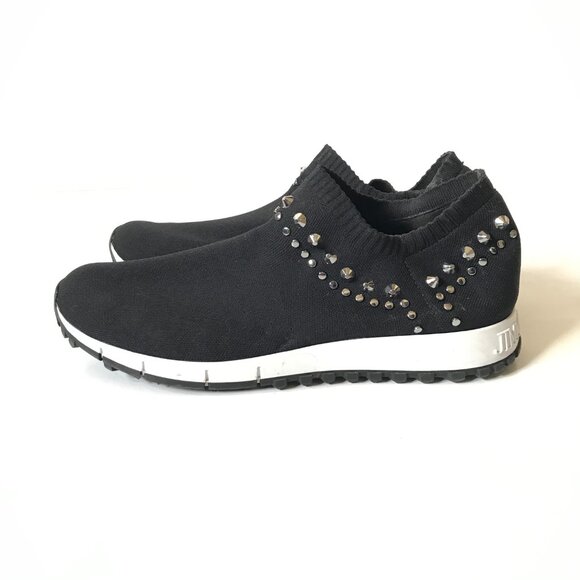 Jimmy Choo Verona Knit Sneakers Shoes Womens 38 8 Black White Slip On Studded - Picture 7 of 13